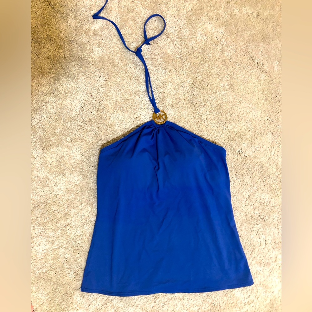 MICHAEL Michael Kors Blue Halter Tankini Swim Top Gold MK Logo Resort Sz L - Picture 3 of 8